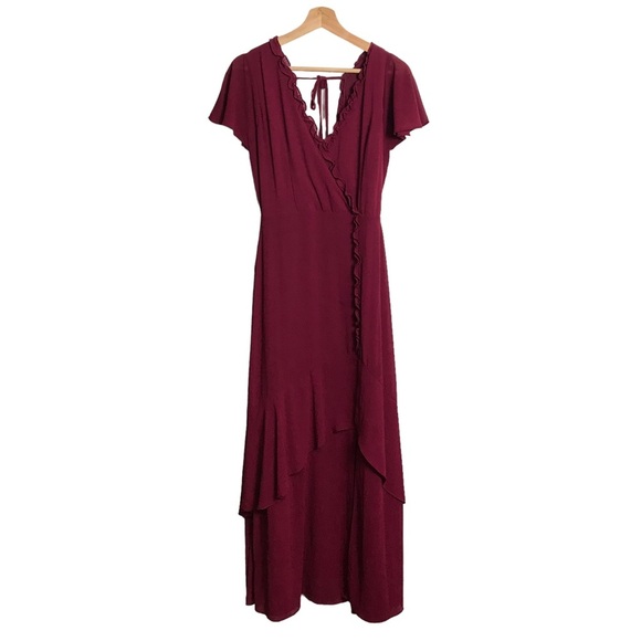 Lulu’s Pour the Champagne Burgundy Ruffled‎ Backless Maxi Dress Small - Picture 2 of 8